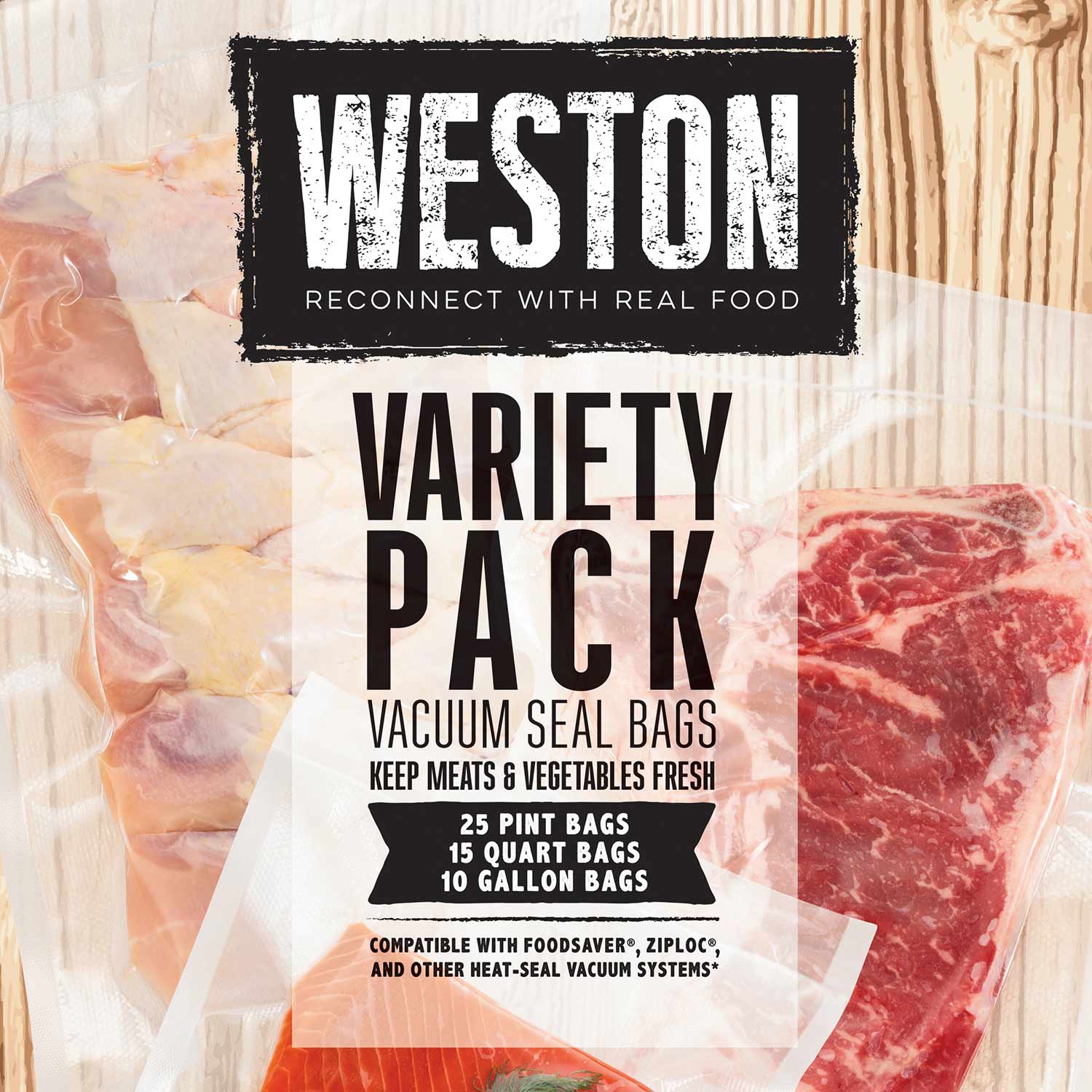Weston® Vacuum Sealer Bags, Variety Pack, 50 Pre-Cut Bags (30-0107-W)