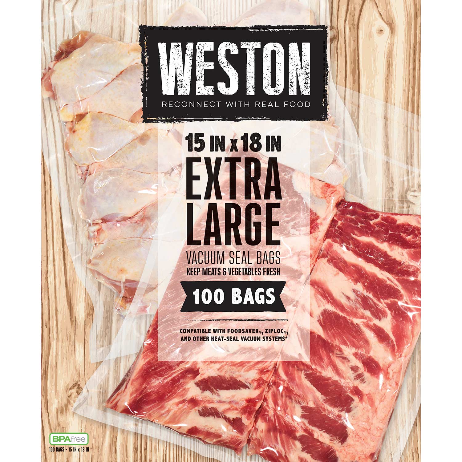 Weston® Vacuum Sealer Bags, 15 in x 18 in, 100 Pre-Cut Bags (30-0105-W)